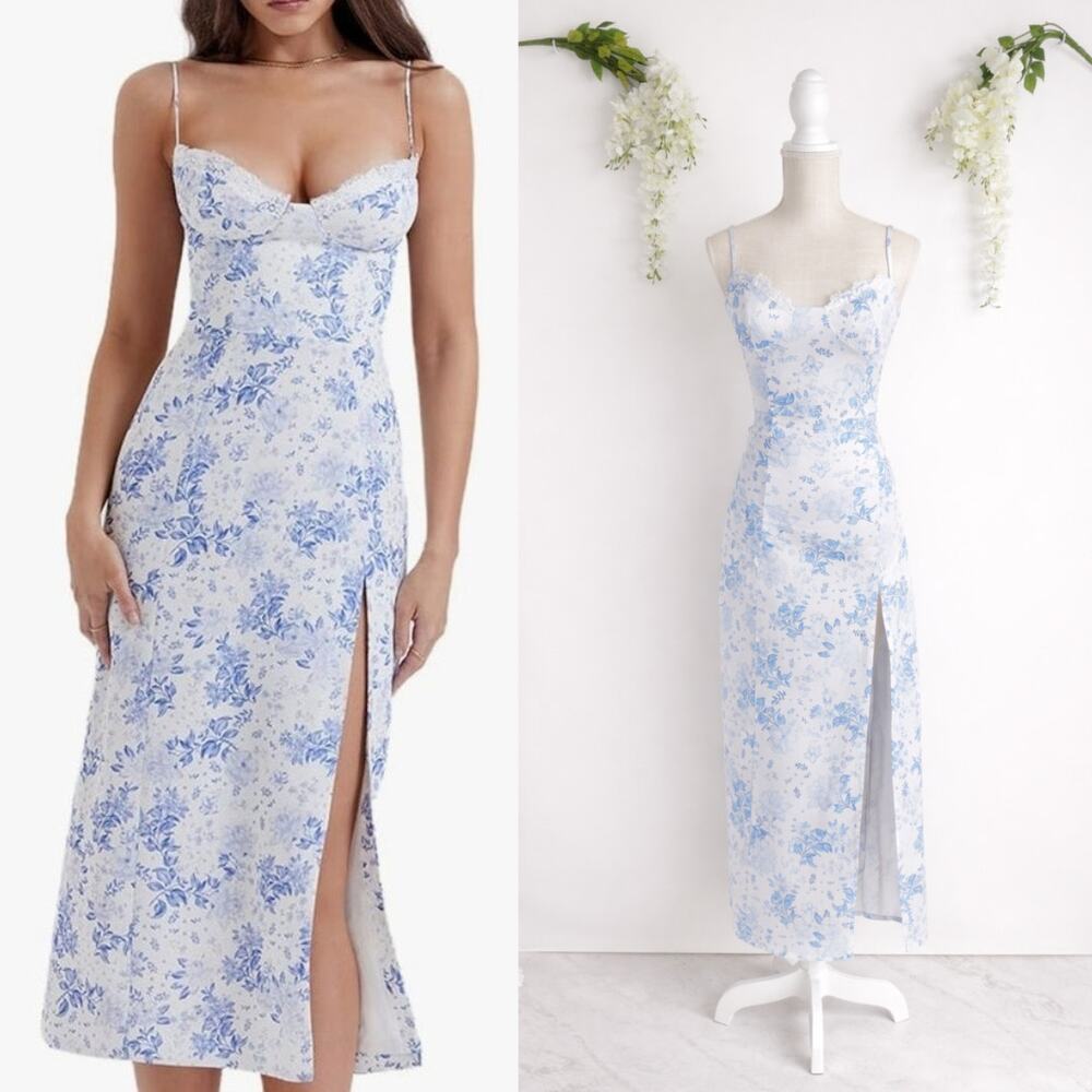 Midi Blue Floral Bodycon Dress Small Lace Bustier Slit Spaghetti Strap Cottage